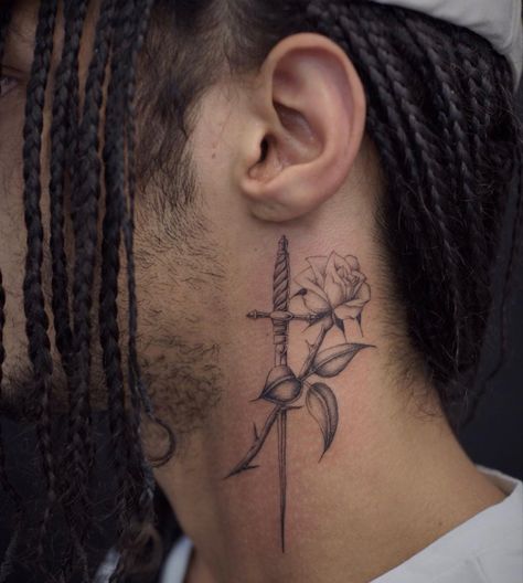 Rose And Knife, Behind Ear Tattoo Men, Women Neck Tattoo, Sideburn Tattoo, Neck Tattoo Men, Neck Tattoo Women, Ekg Tattoo, Rose Neck Tattoo, Mujeres Tattoo