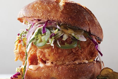 Find the recipe for Fried Chicken Sandwich with Slaw and Spicy Mayo and other bread recipes at Epicurious.com Spicy Mayo Recipe, Fried Chicken Sandwiches, Monte Cristo Sandwich, Chicken Sandwiches, Fried Chicken Sandwich, Spicy Mayo, Burgers Sandwiches, Chapati, Chicken Sandwich