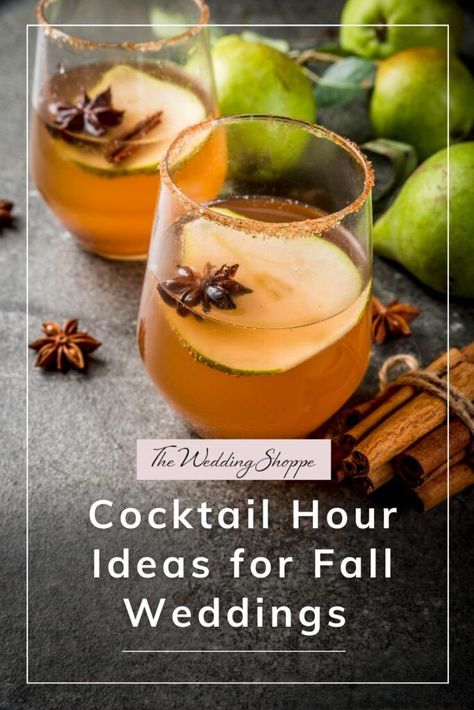 Cocktail hour is the perfect inclusion in your wedding day timeline to allow the new couple to take photos or just a moment together before the reception. These cocktail hour ideas for fall weddings will delight your guests, helping you make the most of what the fall season has to offer. Check out some of our favorite cocktail hour ideas for a fall wedding in our latest blog post. October Wedding Cocktails, Signature Cocktail Ideas Fall, Bulk Cocktail Recipes Fall, Fall Wedding Cocktail Hour, Fall Wedding Specialty Cocktails, Outdoor Cocktail Hour Wedding, Fall Wedding Cocktails, Cocktail Hour Ideas, Mushroom Tart