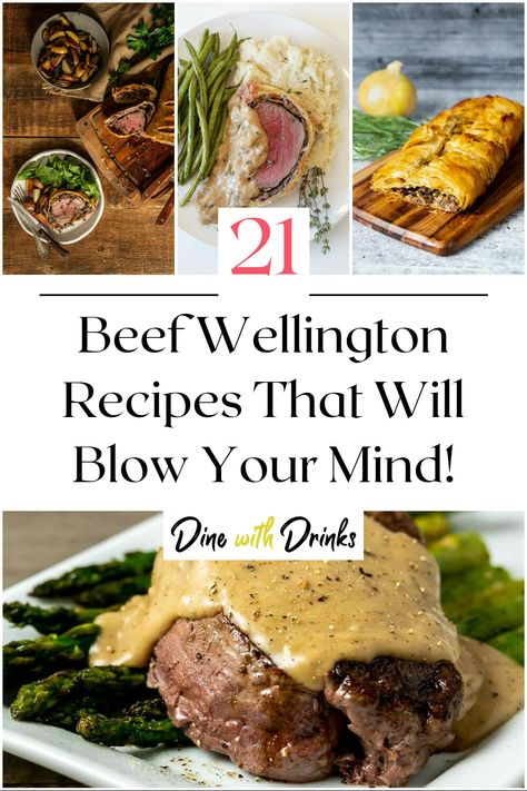 Collage of 4 beef wellington recipes. Beef Wellington Sauce Recipe, Deconstructed Beef Wellington, Mini Beef Wellington Recipe, Beef Wellington No Mushrooms, Mini Beef Wellington With Boursin Cheese, Beef Wellington Recipe Without Mushrooms, Sauce For Beef Wellington, Beef Wellington Recipe Easy, Beef Wellington Sauce