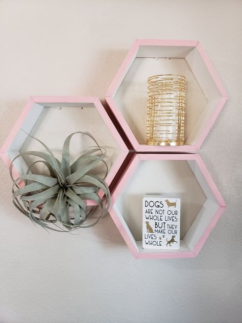 Pink and White Handmade Honeycomb Floating Shelves Pink Floating Shelves, White Floating Shelves Bedroom, Dorm Items, Pink Shelves, Retro Rooms, White Room Decor, Hexagon Shelves, Pink Room Decor, Kid Bedroom