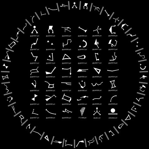 Most Stargate models, from what I’ve seen, are based on an inaccurate listing of the glyphs. I went back to the Gate used on the show, and created my glyphs from that primary reference, making this list more accurate in both shape and orientation of each Glyph. I’ve also included the three canonical Point of Origin symbols that were seen on the show, other than the typical pyramid-under-a-sun. Stargate Ships, Stargate Franchise, Ancient Alphabets, Stargate Universe, Alphabet Symbols, Stargate Sg1, Stargate Atlantis, Pyramids Of Giza, Business Intelligence