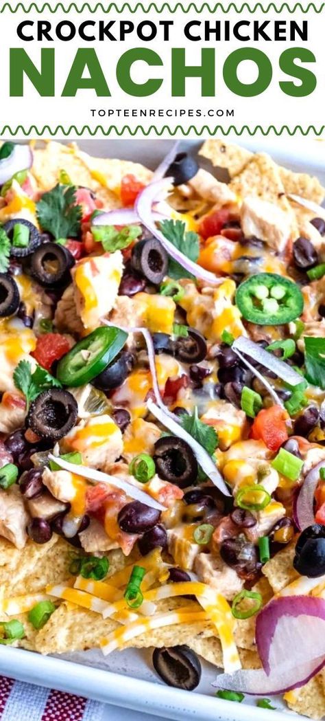 These are not your regular chicken nachos. Crockpot chicken nachos are the best. This creamy chicken nachos recipe is so easy and delicious. It makes itself while you watch the first half of the game. Chicken Nachos Crockpot, Creamy Chicken Nachos, Crockpot Chicken Nachos, Recipes Nachos, Slow Cooker Mexican Recipes, Chicken Nachos Recipe, Chicken Nachos, Nachos Recipe, Rotisserie Chicken Recipes