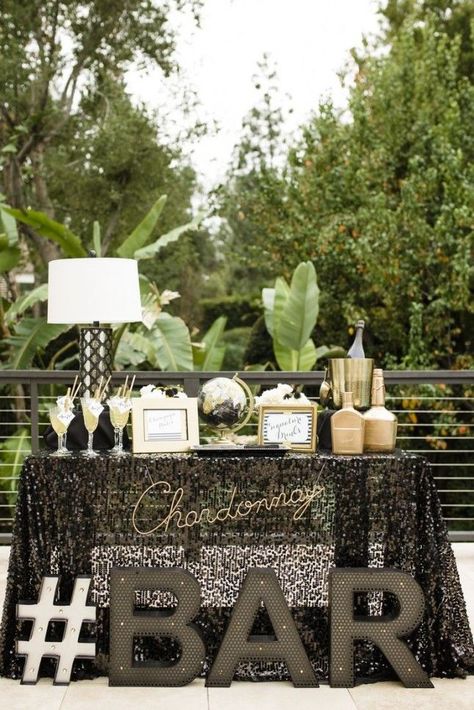 Keep the party going all night with a glamorous champagne bar. Wedding Cocktail Bar, Bar Wedding Reception, Cocktail Station, Cocktail Party Decor, Gold Wedding Reception, Drink Display, Reception Bar, Bubbly Bar, Champagne Bar