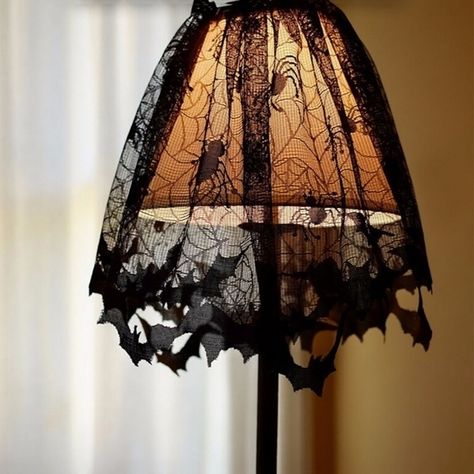 Halloween Decoration Lace Spider web Fireplace Mantle Scarf Lampshade Fireplaces Cloth Curtains Lace Lampshade, Lace Lamp, Halloween Lamps, Diy Halloween Decor, Black Lampshade, Goth Home, Goth Home Decor, Rustic Lamps, Lace Decor