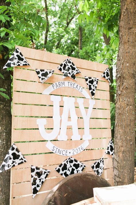 Kara's Party Ideas Down at the Farm Birthday Party | Kara's Party Ideas Wood Pallet Backdrop, Pallet Background, Cake Farm, Board Backdrop, Farm Animal Cupcakes, Pallet Backdrop, Sibling Birthday Parties, Barnyard Theme, Farm Cookies