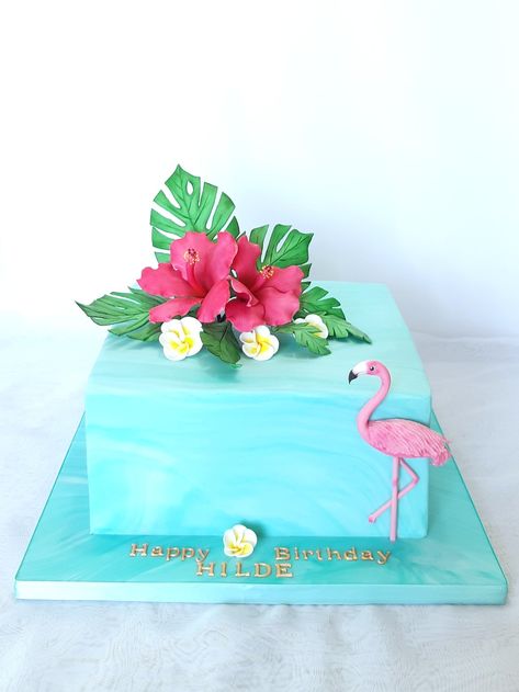 Tropical Sheet Cake Ideas, Tropical Sheet Cake, Flamingo Sheet Cake, Hibiscus Flower Cake, Tropical Theme Cake, Flamingo Birthday Party Cake, Luau Party Cakes, Hawaiian Birthday Cakes, Hibiscus Cake