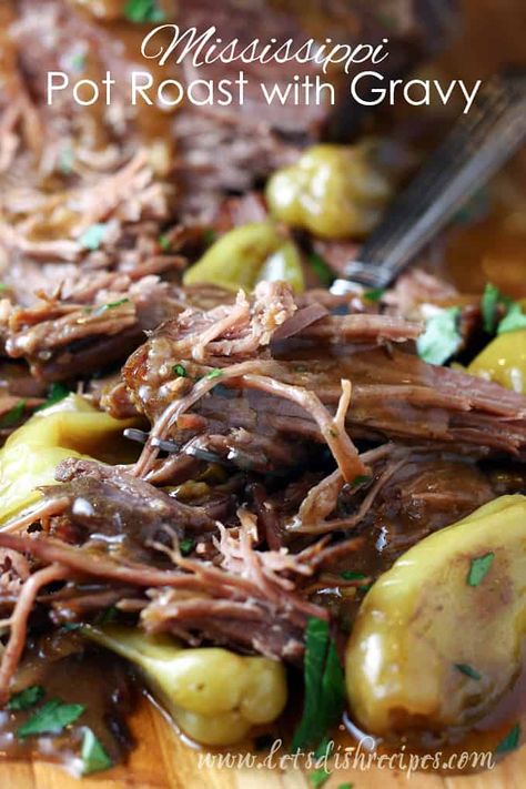 Slow Cooker Mississippi Pot Roast with Gravy — Let's Dish Recipes Roast With Gravy Crockpot, Crockpot Gravy, Mississippi Pot Roast Crockpot, Pot Roast Crockpot, Pot Roast With Gravy, Pot Roast Gravy, Tender Pot Roast, Sin Dip, Roast With Gravy