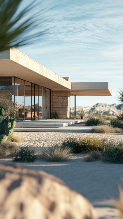 Modern Desert Home with Large Windows Showing the Landscape Desert Beach House, Desert House Interior, Desert Modern House, Home With Large Windows, Modern Desert Home, Wide Landscape, Palm Springs House, Southwest Region, Modern Desert