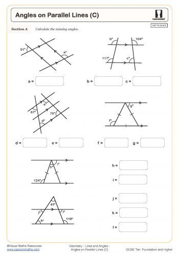 Angles on Parallel Lines (C) Worksheet Measuring Angles Worksheet, C Worksheet, Maths Model, Lines Worksheet, Angle Pairs, Alternate Angles, Exterior Angles, Math Models, Angles Worksheet