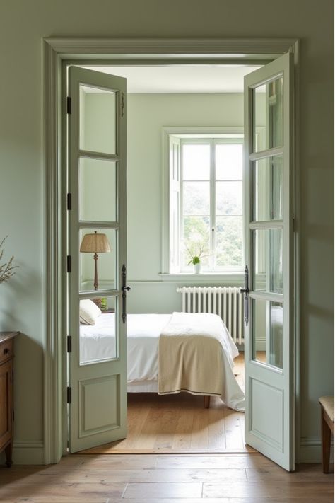 French-style green wooden doors in rustic bedroom setting Interior French Door Bedroom, Double Door Room Ideas, Double Door Design Bedrooms, Rustic French Doors Interior, French Doors Into Bedroom, French Country Doors Interior, French Doors For Bedroom, French Doors Indoor, French Doors Bedroom Master Suite