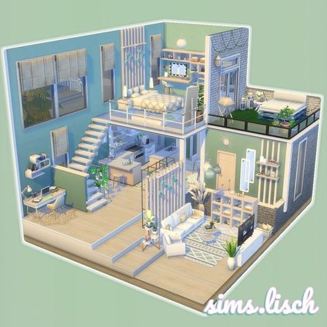 Cute House Blueprint, Sims 4 Loft Layout, Sims 4 Houses Loft, Sims 4 Loft Ideas, Sims 4 Lofts, Loft Sims 4 House Plans, Sims 4 1 Bedroom House Layout, Loft House Sims 4, Sims 4 Layout Ideas