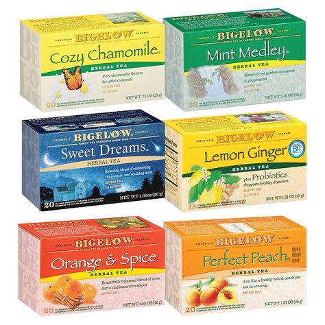 This well-rounded variety pack includes Mint Medley, Cozy Chamomile, Orange and Spice, Sweet Dreams, Perfect Peach and Lemon Ginger. Choose the perfect flavor for your day Individually Wrapped: Bigelow Tea always come individually wrapped in foil pouches for peak flavor, freshness and aroma to enjoy everywhere you go! Gluten-free, calorie-free, and Kosher Certified Tea For Morning, Bigelow Tea, Herbal Tea Benefits, Morning Noon And Night, Tea Varieties, Perfect Peach, Peppermint Leaves, Tea Brands, Herbal Teas