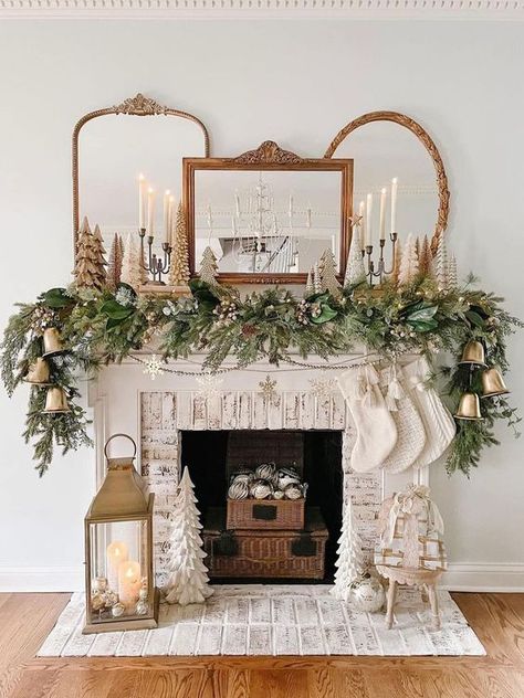 23 Christmas Mantel Decor Ideas for 2023 - Yanko Design Lamps For Fireplace Mantle, White And Gold Christmas Mantle, Neutral Christmas Mantle, Boho Fireplace Mantle Decor, Gingerbread Mantle, Christmas Mantles Ideas Fireplaces, Mantle Decor With Pictures, Mantle Christmas Decor Ideas, Glass Bowl Decor