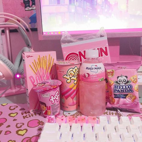 Pink snack haul + epic asmr fail 😂 Much needed break 🤞🏻🥰 . . . . . . . #pinksetup #pinkpc #pinkgamergirl #pinkaesthetic #kawaiisetup… Snack Haul, Gamer Snacks, Desk Snacks, Pink Snacks, Snack Cart, Hello Panda, Pink Games, Junk Food Snacks, Toddler Hairstyles Girl