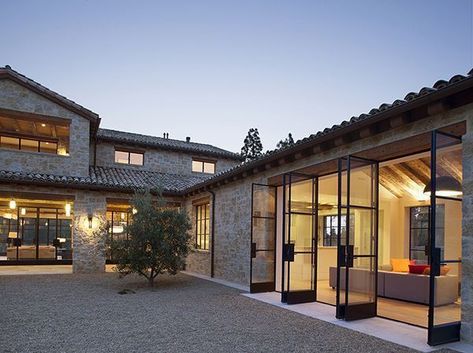 Farmhouse Patio Doors, Country Style Interiors, Clay Roof Tiles, Farmhouse Patio, Tuscan Design, French Doors Patio, Casas Coloniales, Stone Walls, Door Panels