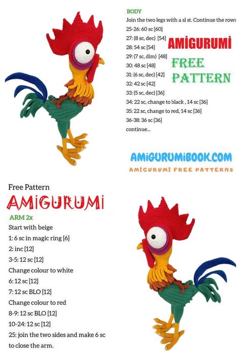 Cute Rooster Hei Hei Amigurumi Free Pattern - Amigurumibook.com Crochet Hei Hei, Hei Hei Moana, Crochet Mickey Mouse, Disney Crochet, Amigurumi Inspiration, Disney Crochet Patterns, Free Amigurumi Crochet Patterns, Crochet Applique Patterns Free, Chicken Pattern