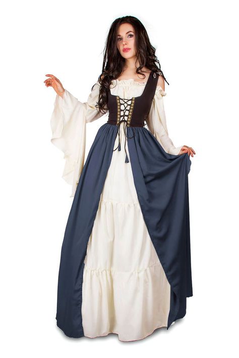 Renaissance Medieval Irish Costume Two-Toned Over Dress Fitted Bodice Steel Blue 2XL/3XL Middle Ages Dress, Irish Costume, Irish Costumes, Gaun Abad Pertengahan, Kostum Halloween, Medieval Princess, Robes Glamour, Robes D'occasion, Punk Dress