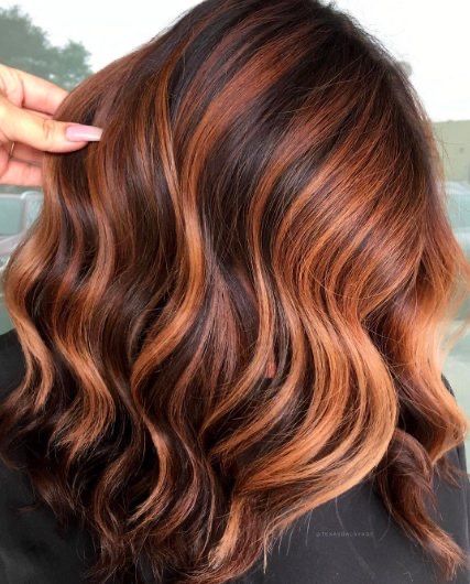 Bronzed Copper Hair, Dark Copper Balayage Brunette Short, Orange Balayage Hair Brunettes, Brown To Copper Ombre, Caramel Copper Balayage Brunettes, Brown Hair With Orange Highlights, Copper Brown Ombre, Copper Highlights On Dark Hair, Warm Copper Balayage Brunette