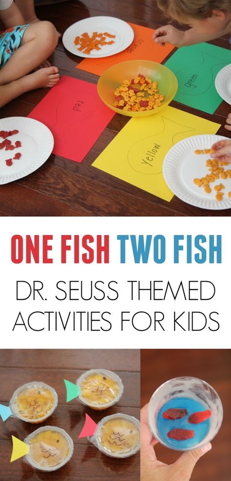 One Fish Two Fish Activities for Kids inspired by Dr. Seuss #toddler #preschooler #vbcforkids One Fish Two Fish Activities, Fish Activities For Kids, Fish Art Projects For Kids, Dr Seuss Preschool Activities, School Tricks, Book Themed Activities, Dr Seuss Preschool, Dr Seuss Classroom, Dr Seuss Activities