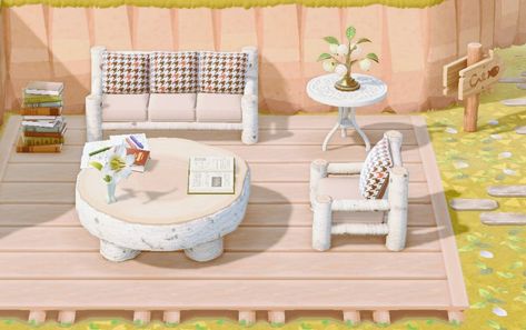 Dariam✨ on Twitter: "Y'ALL DONT SEE MY TWEETS BUT HEY THIS IS MY READING AREA !!… " Sitting Area Animal Crossing, Cafe Acnh, Log Chairs, Reading Area, Log Furniture, Simple Table, Sitting Area, Trees To Plant, Table And Chairs