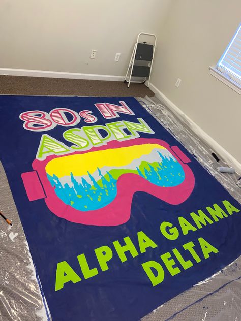 90s Aspen Theme, 80s In Aspen Sorority Banner, 80s In Aspen Bid Day, Frat Banner Ideas, Date Party Ideas Sorority Social Themes, Sorority Semi Formal Themes, 80s In Aspen Theme, Aspen Theme Party, Sorority Date Party Themes