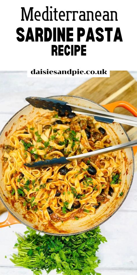 skillet filled with sardine pasta Canned Sardine Pasta Recipes, Sardines Recipes Canned, Canned Sardines Recipes, Sardine Recipes Canned, Sardine Pasta, Completely Delicious, Tomato Pasta Recipe, Sardine Recipes, Store Cupboard