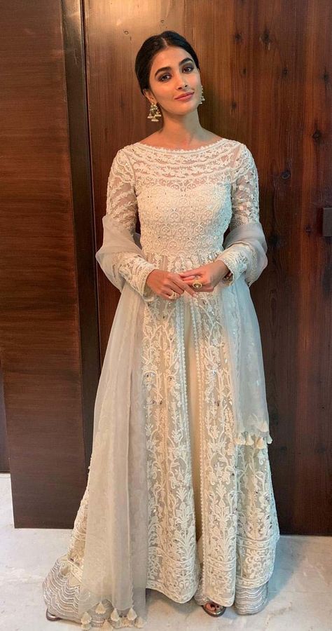 Pooja Hegde looks lovely in an all-white avatar Nikkah Dress, Pakistani Fancy Dresses, Dress Indian Style, Indian Designer Outfits, Anarkali Dress, Designer Dresses Indian, Indian Wedding Dress, Indian Fashion Dresses, Pakistani Outfits