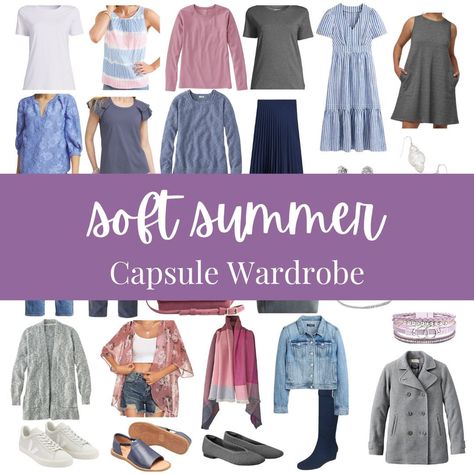 SOFT SUMMER CAPSULE WARDROBE 7 tops in cool, soft colors 4 bottoms + 2 dresses perfect for Softl Summer 5 completer pieces to style 4 pair of varied neutral shoes 8 muted and cool accessories Want to learn more about Soft Summer (or any season)? Comment “EXPLORE” to get the link. #softsummer #softsummercolors #softsummerpalette #softsummerlook #softsummerinspo #coloranalysis #seasonalcoloranalysis #summercapsulewardrobe #capsulewardrobe #capsulewardrobechallenge #capsulewardrobeblogger #su... Soft Summer Shoes, Soft Summer Color Palette Outfits Capsule Wardrobe, Soft Summer Winter Outfits, True Summer Capsule Wardrobe, Soft Summer Jewelry, Soft Summer Wardrobe Capsule, Soft Summer Capsule, Soft Summer Capsule Wardrobe, Soft Summer Color Palette Outfits