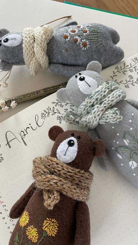 My new favourite bears😍🐻 Embroidering those flowers is pure bliss, especially in such a beautiful day like this one. And the tiny bees🐝❤️… | Instagram Felt Bear, Hello April, Handmade Stuffed Toys, Felt Crafts Patterns, Felted Wool Crafts, Handmade Stuffed Animals, Crochet Blanket Designs, Fabric Toys, Hand Embroidery Projects