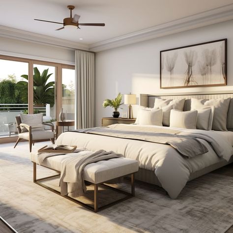 Modern Luxury Bedroom Master Suite Interior Design, Minimal Glam Bedroom, Minimalist Master Bedrooms Decor, Bedroom Interior Design Modern Master, Greige Bedroom Ideas, Master Suite Interior Design, Elegant Bedroom Ideas Luxury, Suite Interior Design, Relaxing Bedroom Colors