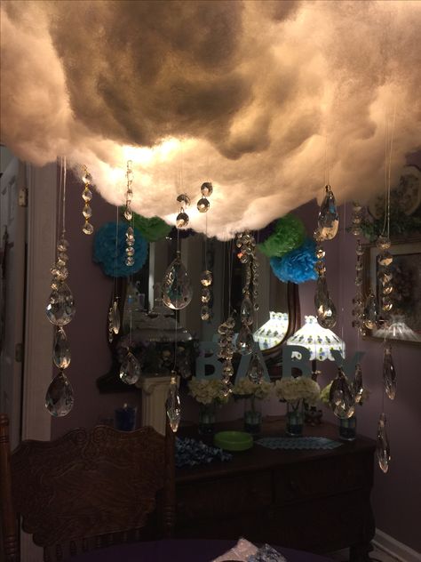 Baby shower rain cloud created with crystals. Rain Themed Baby Shower Ideas, Rain Decor, Govardhan Puja, Baby Boy Sprinkle, Rain Cloud, Rain Clouds, Baby Shower Theme, Rain Shower, Baby Shower Themes