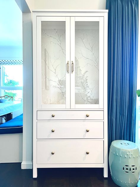 Customizing an IKEA Hemnes China Cabinet | Jewels at Home Ikea China Cabinet, Cherry Blossom Wallpaper, Bamboo Bar, Mid Century Dresser, Ikea Hemnes, Cabinet Style, Cabinet Makeover, Glass Cabinet Doors, Glass Cabinet