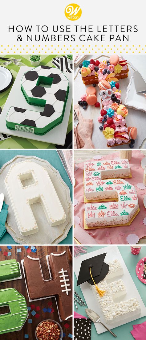 Make a cake to remember, right down to the letter! By rearranging the inserts that come with the Letters and Numbers Cake Pan, you can create cakes in the shape of all 26 letters of the alphabet or any number 0 through 9. It’s a-b-c easy as 1, 2, 3! Great for sports-themed parties, monogram cakes, graduations and milestone birthday celebrations, this cake pan is super easy to use once you know how it works. #wiltoncakes #shapedcakes #monogram #lettercake #numbercake #buttercream #cakeideas Easy Number Cakes, How To Make A 4 Cake, S Shaped Cake, Wilton Letter Cake Pan Ideas, Wilton Number Cake Pan, Pampered Chef Number Cake Pan, How To Make A Letter Cake, Monogram Cake Birthday Letters, Birthday Cake Number Shape