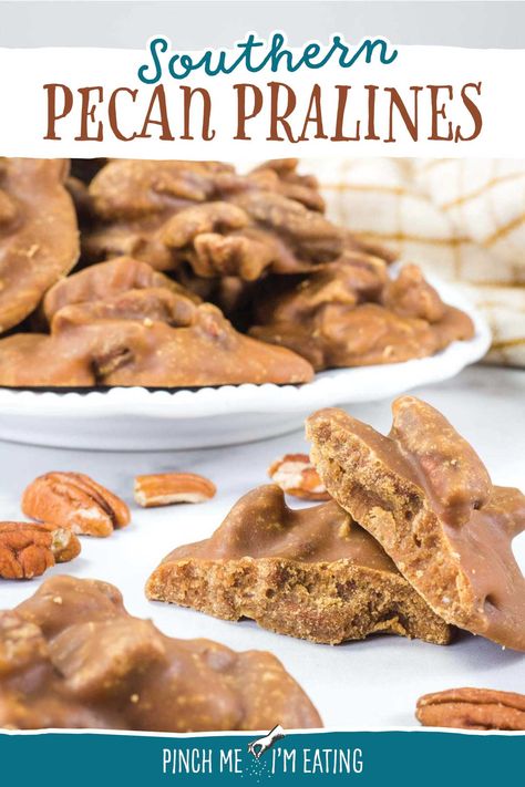 Learn how to make homemade Southern pecan pralines with this quick and easy recipe — with video! Takes under 30 minutes to make this Charleston-style old-fashioned pecan cluster candy and uses simple ingredients: just sugar, half-and-half, butter, baking soda, and pecan halves! This is an authentic candy shop recipe! Southern Pecan Pralines, Southern Praline, Praline Candy, Pecan Halves, Perfect Fried Chicken, Candied Pecans Recipe, Praline Recipe, Charleston Style, Measuring Ingredients