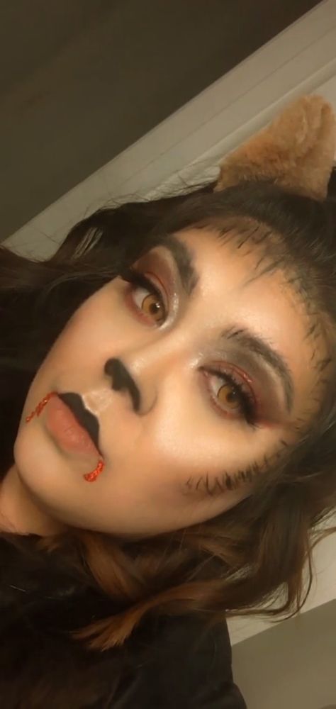 Wolf Halloween makeup Granny Wolf Costume, Cute Wolf Makeup, Wearwolf Costume Woman, Easy Wolf Makeup, Big Bad Wolf Costume Women, Wearwolf Costume, Halloween Wolf Makeup, Wolf Makeup Male, Werewolf Makeup Female