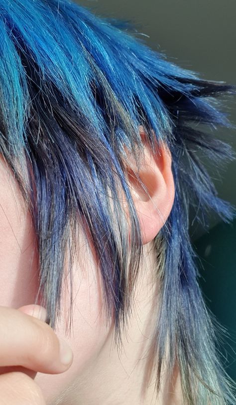 blue hair with black streaks Blue Hair With Black Tips, Black Hair With Blue Tips, Blue Hair With Black, Black Hair Blue Tips, Bright Blue Highlights, Blue Hair Male, Blonde Hair With Blue Highlights, Blue Tips Hair, Blonde Hightlights