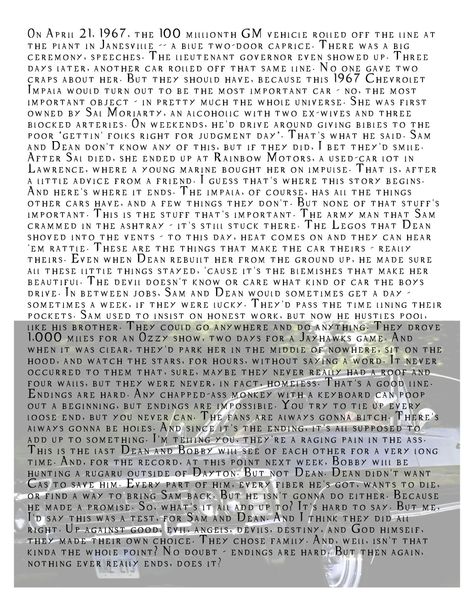 Chuck's monologue about the Impala 5x22 Swan Song | Supernatural Supernatural Series Finale, Supernatural Episodes, High Functioning, Supernatural Tv Show, Sam Dean, Winchester Boys, Swan Song, Supernatural Seasons, Odaiba