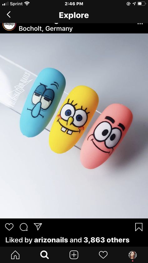 Spongebob Nails, Kutek Disney, Long Nail Art, Unghie Nail Art, Nail Drawing, Nail Art Designs Videos, Nail Art Hacks, Funky Nails, Nail Art Tutorial