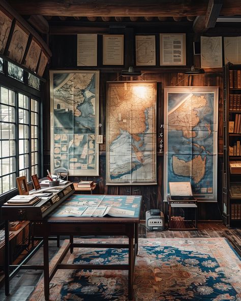 An editorial photograph of the house of a Korean cartographer. His maps and drawing equipment is scattered on his desk, the decor is traditional korean with patterned silks. beautiful, soft bright lighting, 8K resolution, realistic  An Cartographer Aesthetic, Neocosmic Architecture, Drawing Equipment, Loft Garage, Library Study Room, Writing Studio, Classic Car Garage, Houston Houses, Date Ideas For New Couples