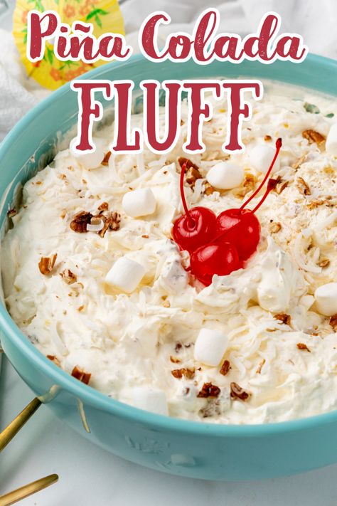 Piña Colada Fluff – The BEST 7 ingredient no bake dessert loaded with coconut, pineapple, pecans, rum, and mini marshmallows! Perfect for summer parties! Fluff Recipes | No Bake Desserts | Pina Colada Desserts | Easy Summer Desserts #fluff #dessert Pina Colada Fluff, Fluff Recipes, Mouthwatering Desserts, Friends Recipes, Fluff Recipe, Easy Salad, Easy Summer Desserts, Side Dish Recipes Easy, Bake Dessert