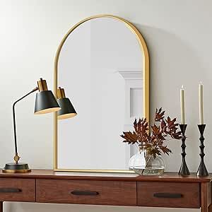 JAWGLOW Arched Mirror, 38"X26" Bathroom Vanity Mirror for Wall, Arched Bathroom Mirror for Wall Décor with Metal Frame for Bedroom, Entryway, Living Room, Gold Arch Mirror On Dresser, Arched Bathroom, Arched Floor Mirror, Dresser Decor Bedroom, Living Room Gold, Mirror For Wall, Full Body Mirror, Full Length Mirror Wall, Arched Mirror