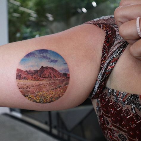 Desert Scene Tattoo, Scenic Tattoo, Miniature Tattoos, Desert Tattoo, Circular Tattoo, Scene Tattoo, Circle Tattoos, Elements Tattoo, Landscape Tattoo