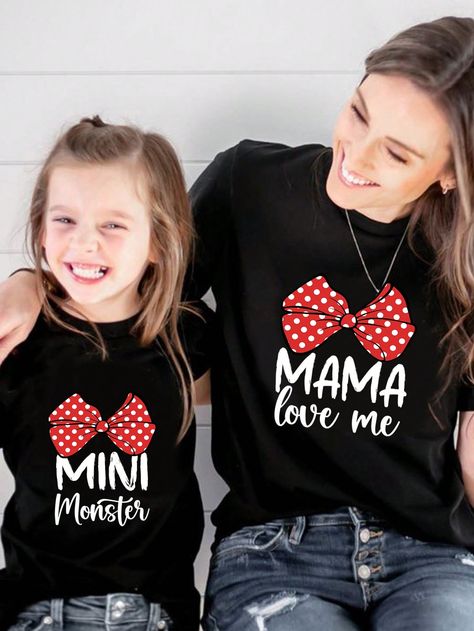 Black Casual Collar Short Sleeve Knitted Fabric Geometric,Letter  Embellished Slight Stretch  Women Clothing Mother's Day Letter, Mama And Mini Shirts, Mini Shirts, Cute T Shirts, Matching Tees, Cute Tshirts, Kids Sleepwear, Kids Beachwear