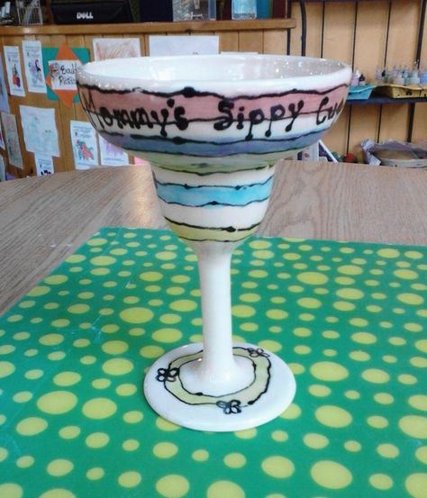 "Mommy's Sippy Cup" Margarita Glass Painted By Customer #pottery #colormemine #boulder Paint Margarita Glasses, Margarita Glasses, Color Me Mine, Bottle Corks, Sippy Cup, Ceramic Cups, Glass Painting, Wine Bottle, Ceramics