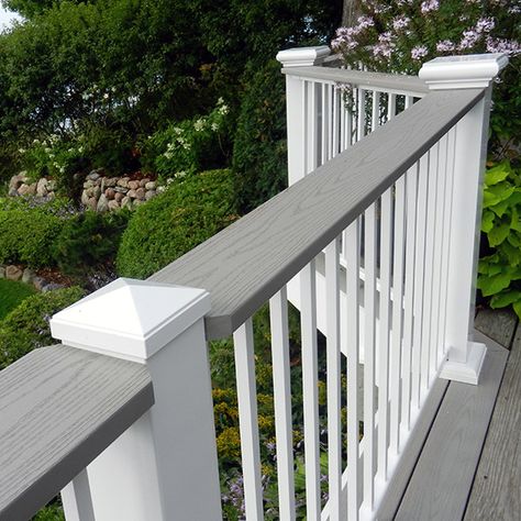 Deck Railing Kits, House Paints, Exterior Updates, Deck Stair Railing, Aluminum Railing Deck, Deck Railing Design, Deck Colors, Entry Stairs, Porch Decorations