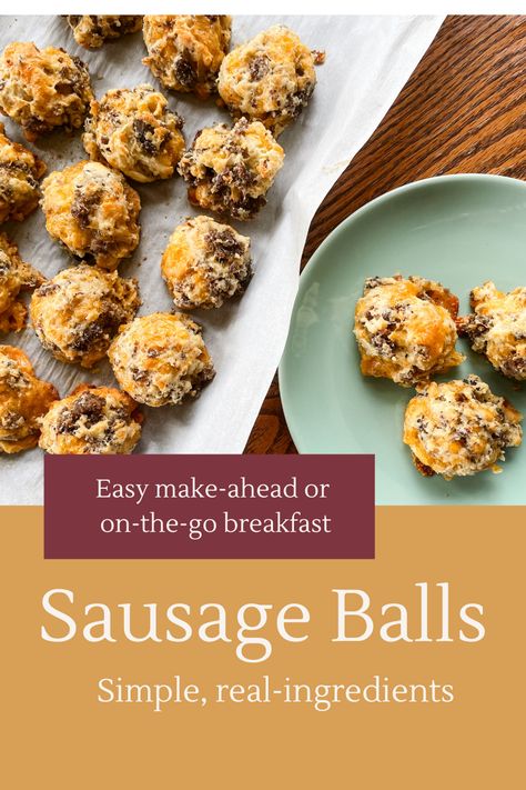 Easy make-ahead or on-the-go breakfast sausage balls. Real ingredients and simple to make, you will want to add these to your regular breakfast rotation. Sausage Balls Breakfast, Sausage Breakfast Balls, Breakfast Sausage Balls, Breakfast Rotation, Breakfast Meatballs, Breakfast Balls, Sausage Balls Recipe, Egg Biscuits, Sausage Meatballs