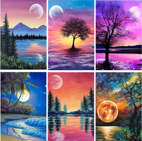 Painting Ideas On Canvas Beautiful, Sunset Drawings, Seasons Drawing, Paint Night Ideas, Silk Painting Techniques, Six Seasons, Sky Art Painting, Moonlight Painting, Art Nouveau Pattern