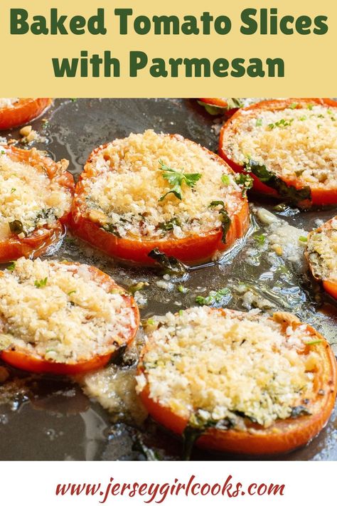 These Baked Tomatoes Slices are baked in the oven with basil, parmesan and panko breadcrumbs. They are juicy, flavorful and cheesy. A perfect appetizer or side dish for any time of the year. Pan Seared Tomatoes, Baked Tomatoes With Cheese, Baked Tomatoes With Parmesan, Stuffed Tomatoes Baked, Baked Tomato Slices, Tomato Side Dish Recipes, Tomato Side Dish, Parmesan Tomatoes, Tomato Side Dishes