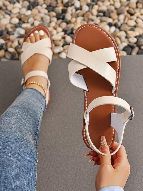 Beige  Collar     Embellished   Women Shoes Cute Sandals For Summer Flats, 2024 Sandals Women, Trendy Shoes For Women Sandals, Women’s Sandals, Summer Shoes 2024, Slippers For Summer, Sandals Aesthetic, Cute Summer Sandals, Summer Shoes For Women